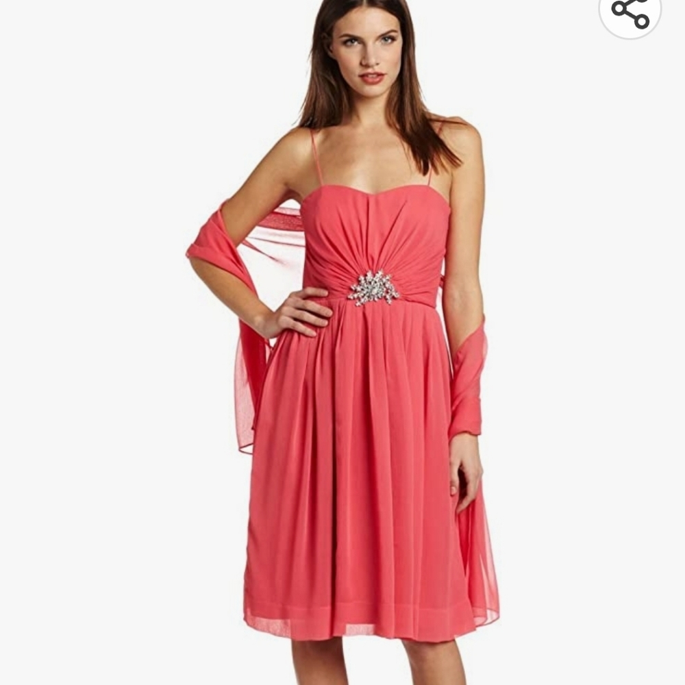 Eliza J Pink Chiffon Pleated Sweetheart Embellished Brooch Dress